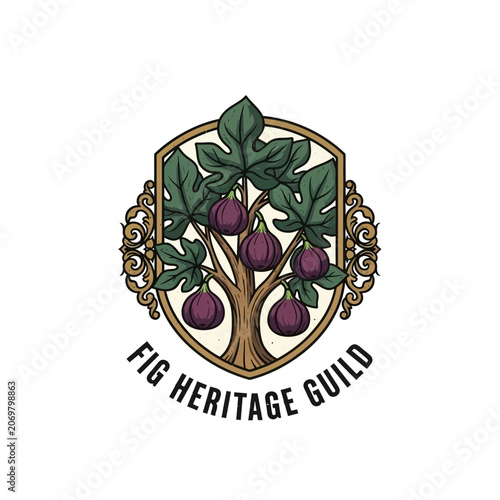 Foto Ornate fig heritage guild emblem with tree and fruit.