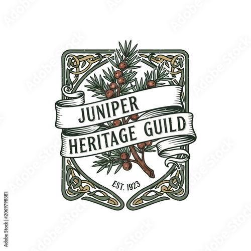 Obraz na plátně Ornate juniper heritage guild logo with botanical illustration of berries and branches