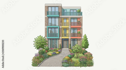 Modern apartment building exterior architecture.