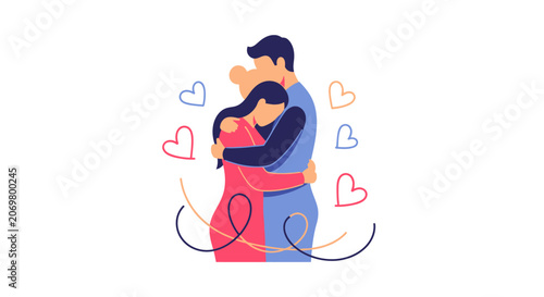 Man Hugging Woman with Hearts Around.