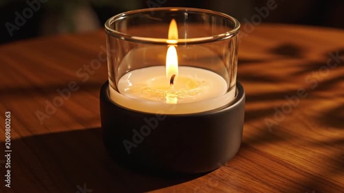 Small white candle burning in a glass holder on a dark wooden table.