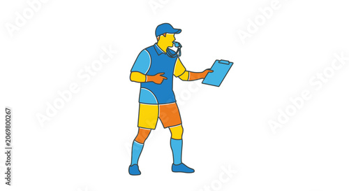 Man in blue outfit holding tablet.