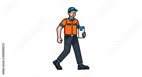 Man in orange uniform walking outside.