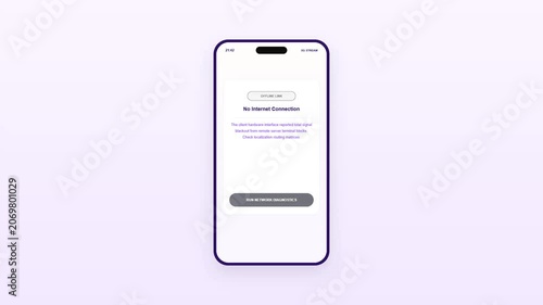 Smartphone screen displaying a mobile streaming app interface with a no internet connection error message and a run network diagnostics button on a purple background