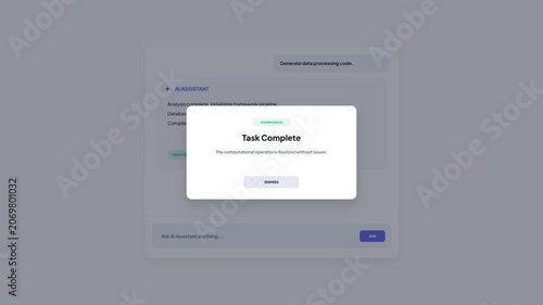 AI assistant workspace interface displaying data processing code generation progress with an analysis complete popup modal window on a desktop screen mockup