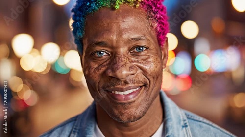 Smiling Black man with rainbow hair and blue eyes outdoors at night with city lights bokeh
