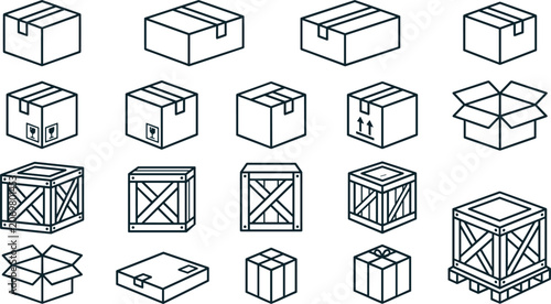 Isometric shipping box vector line icon set featuring closed cardboard packages open delivery cartons wooden crates and cargo pallets