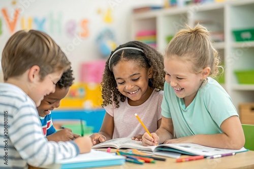 Children gather around a table, drawing together