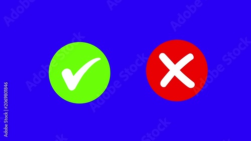 Green check mark and red x cross symbols set on a vibrant blue screen background, digital interface user experience testing, survey results, decision making, and approval concepts