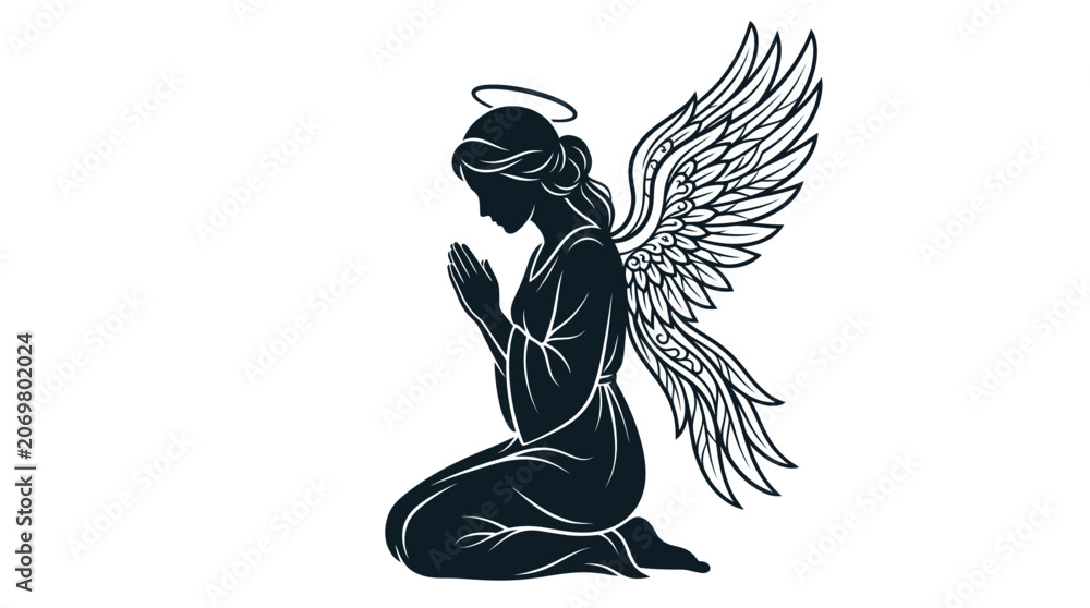 Fototapeta premium Kneeling angel silhouette in prayer with halo and feathered wings