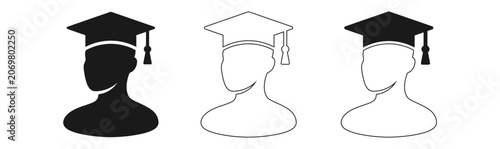 Graduation icon set silhouette outline and solid fill versions of a student in a cap