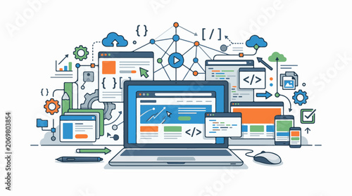 A colorful illustration of interconnected devices and icons representing web development (1)