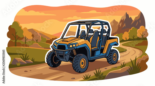A cartoon-style illustration of an off-road vehicle driving on a dirt road through a mountainous terrain with trees and