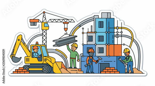 Construction workers building with excavator.
