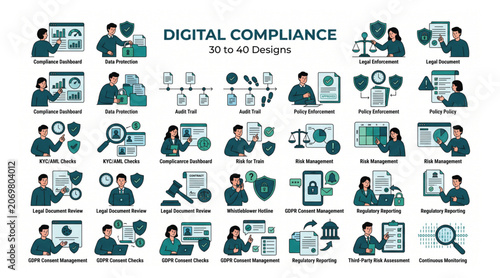 Bild auf Leinwand Digital compliance corporate governance and regulation vector icon set with comp