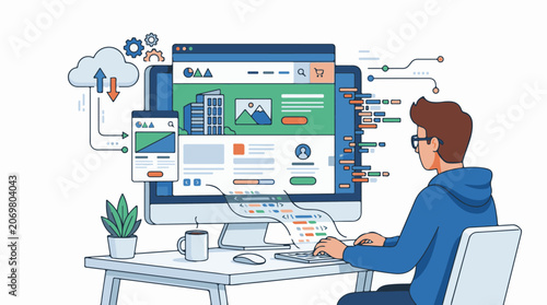A man in a blue hoodie sits at a desk working on a computer with a large monitor displaying a website