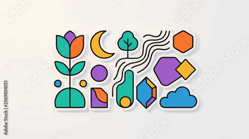 Colorful abstract shapes and icons.