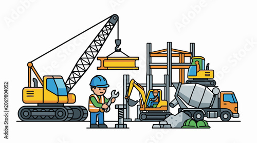 Construction workers with heavy machinery equipment.