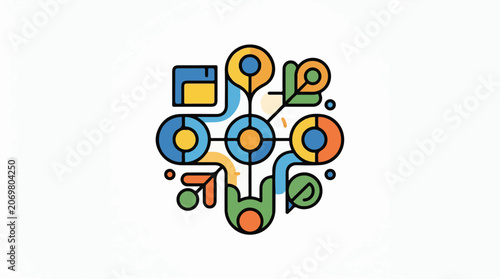 A colorful infographic featuring interconnected geometric shapes and symbols