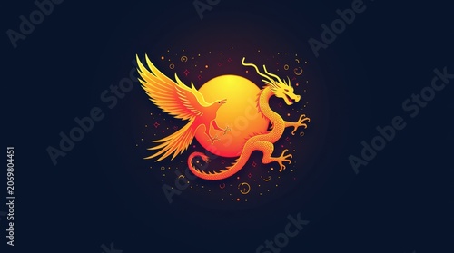 Mythical dragon and phoenix illustration, golden celestial creatures circling a glowing sun, vibrant fantasy art on dark background