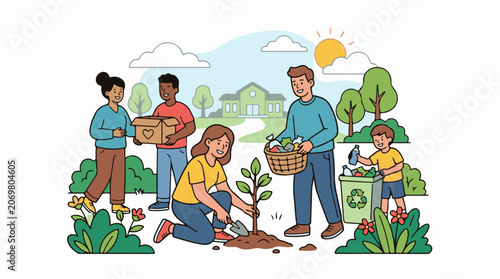 Family planting tree in garden together.