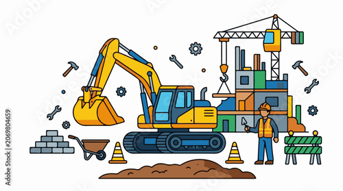 Construction site with excavator crane and worker
