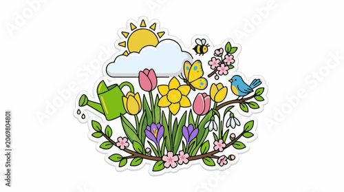 Colorful flowers and birds in garden.
