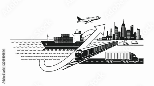 A city skyline with a cargo ship train truck and airplane