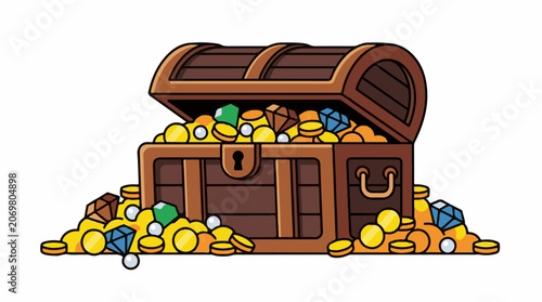 A cartoon-style illustration of a brown treasure chest overflowing with gold coins jewels and pearls