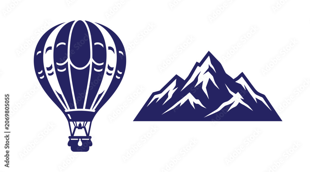 Naklejka premium Minimalist graphic icon illustration of a hot air balloon and majestic mountain peaks with mountain adventure outdoors landscape climbing exploration altitude vacation recreation