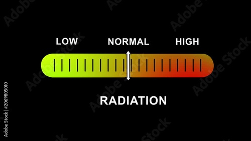 Dynamic radiation level indicator gauge animation featuring a moving slider moving from low to risk zones on a gradient scale for scientific, industrial, and nuclear safety monitoring presentations