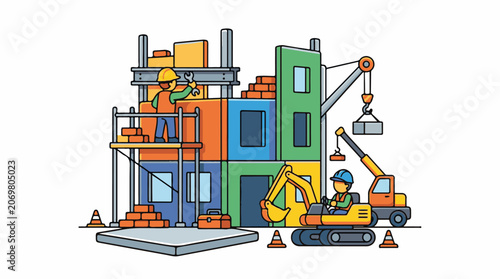 Construction Site with Crane and Workers.