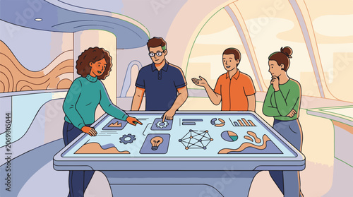 Four people working on interactive table.