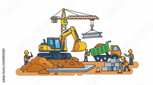 Construction workers with heavy machinery equipment.