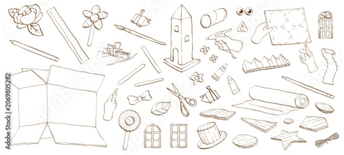 Creative recycling and DIY craft supplies in sketch style. Elements include cardboard tubes, scissors, and craft glue. Use for school project worksheets, creative blogs, and art studio branding.