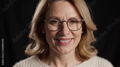 Smiling middle aged woman with blonde hair and glasses wearing a white sweater against a black background