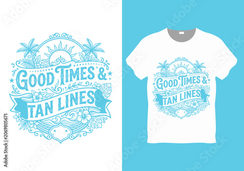 Retro beach typography good times tan lines vector illustration. Summer vacation quote t-shirt print with sun and waves