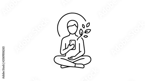 Person meditating with smartphone and growing plant symbolizing digital wellness and mindful technology use PNG Isolated on transparent background