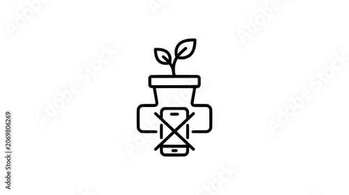 Plant growing from pot with prohibition symbol over smartphone icon representing digital detox or no phone zone concept PNG Isolated on transparent background
