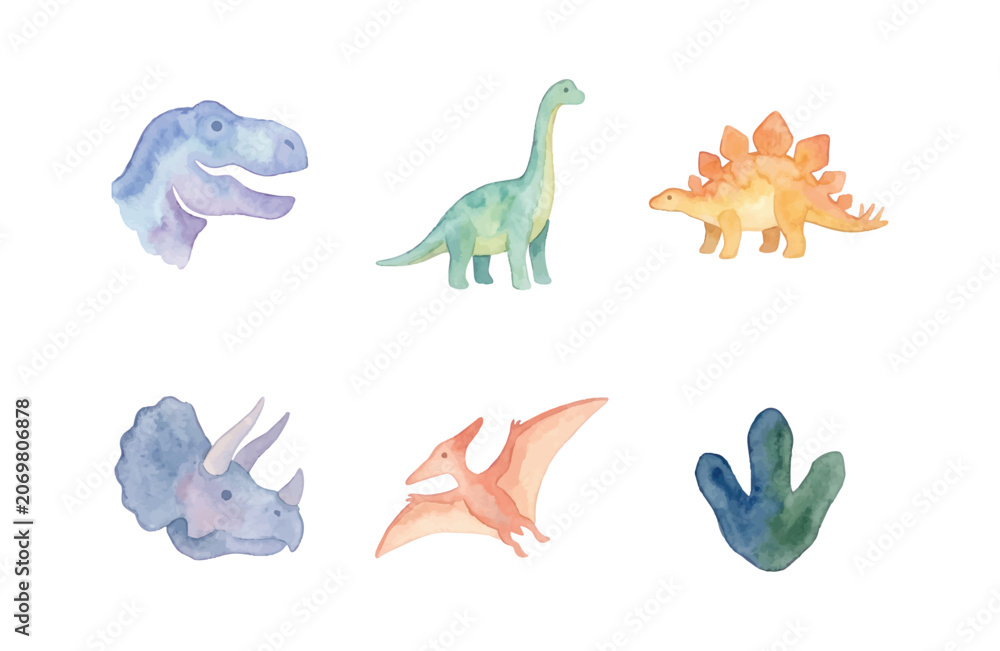 Fototapeta premium Watercolor Dinosaur Icons Set with Soft Pastel Colors on White Background