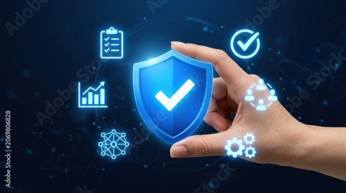 Cybersecurity shield with hand holding check mark icon data protection and network security concept