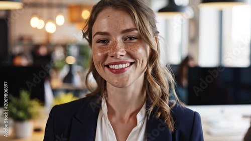 Smiling professional businesswoman with freckles standing in a modern open plan office environment