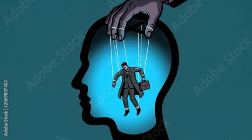 Conceptual illustration of manipulation and control depicting a businessman as a puppet within a human head silhouette