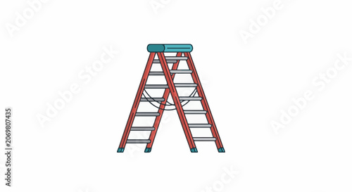 A red stepladder with teal accents stands on a white background