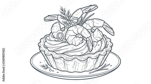 Fotografie Gourmet seafood prawn tartlet with creamy garnish and dill