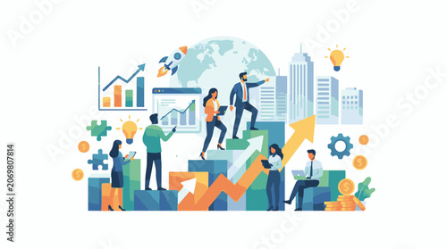 A colorful illustration of business professionals working together to achieve success