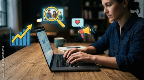 Digital marketing analysis woman using laptop with data charts magnifying glass and promotion icons