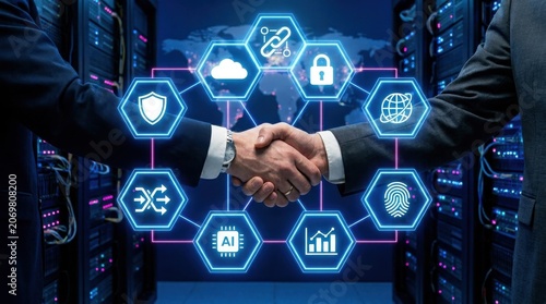 Cybersecurity partnership handshake in front of data center servers with security icons