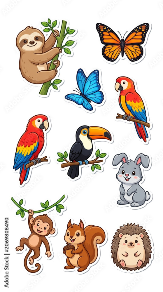 Fototapeta premium Cute Sloth, Birds, and Woodland Creature Stickers
