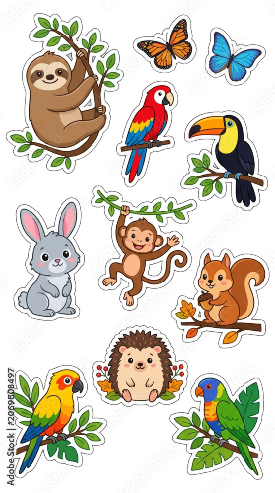 Fototapeta premium Adorable Cartoon Forest and Jungle Animals Sticker Set